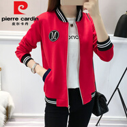 皮爾卡丹（pierre cardin）短款棒球服女長(cháng)袖春秋季新款大碼寬松棒球衫百搭休閑印花夾克外套 紅色 M 【100斤以下】