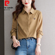 皮爾卡丹（pierre cardin）刺繡POLO領(lǐng)長(zhǎng)袖襯衫女2025春裝新款高級(jí)內(nèi)搭襯衣氣質(zhì)通勤時(shí)尚上衣 卡其色 M 建議85-110左右