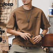 JEEP SPIRIT吉普美式280g重磅五分短袖T恤男純棉男士夏季潮寬松大碼半袖體恤 咖色 3XL 適合180-200斤