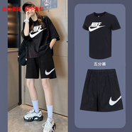 耐克（NIKE）官方艦店 女裝運動(dòng)套裝冬新款休閑舒適透氣印花短袖T恤五分褲短褲 DX7907-010單件短袖 L