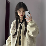 衣然呈品美式oversize毛呢外套女春秋新款設(shè)計感小眾韓系百搭短款棒球服女 灰色 【顏色偏灰，介意勿拍】 M 【建議105-120斤】
