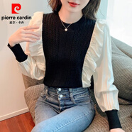 皮爾卡丹（pierre cardin）針織衫女打底修身上衣長袖洋氣荷葉邊假兩件復(fù)古麻花毛衣冬季新款 黑色 XL 175