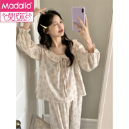 莫代爾睡衣女春秋季新款復古小碎花可愛(ài)娃娃領(lǐng)荷葉邊棉麻長(cháng)袖睡裙可外穿 套裝 L