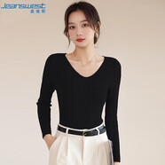 真維斯（JEANSWEST）針織衫女2025春夏修身V領(lǐng)長袖打底針織衫內(nèi)搭上衣女黑色均碼