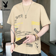 花花公子（PLAYBOY）夏季純棉短袖T恤男士冰絲薄款透氣半袖t潮流牌情侶學(xué)生大碼上衣服 20卡其 2XL 【建議155-170斤】
