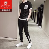 皮爾卡丹（pierre cardin）短袖T恤男2025夏季新款套裝男士韓版冰絲寬松休閑上衣服褲子男裝 黑色 M （建議95-110斤）