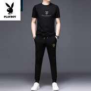 花花公子（PLAYBOY）高檔2024夏季桑蠶絲男士短袖套裝休閑運(yùn)動(dòng)套裝男薄款潮流一套短袖 9811黑色(短袖+長(zhǎng)褲) XL 175