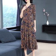 歐依絲歐依絲2023春秋新款女V領(lǐng)七分袖收腰大擺長(cháng)裙氣質(zhì)淑女碎花連衣裙 黃色 9XL 170/92A/XL