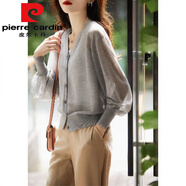 皮爾卡丹（pierre cardin）薄款v領(lǐng)針織開衫女早秋新款外搭寬松顯瘦燈籠袖防曬毛衣外套 KS699#灰色.今年流行的輕奢品牌 S 建議90-110斤