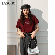LAGOGO【蘭花系列】舒適正肩T恤女拉谷谷2025年春季新款印花短袖 酒紅色 S