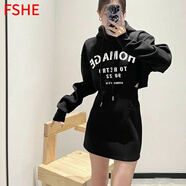 FSHE2025年新款春秋法式小眾設計感辣妹假兩件連帽衛衣連衣裙女小個(gè)子 9002#黑色 XXL碼建議120-135斤