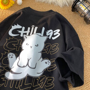 遙渠（YAO QU）貓咪印花短袖t恤男士夏季潮牌潮流寬松五分半袖衣服美式重磅體恤 黑色 XL