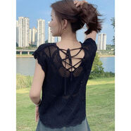 GUOCILRN設計感鏤空短袖t恤女2025夏季新款韓版小個(gè)子露背薄款針織衫上衣 黑色 XL 建議120-130斤