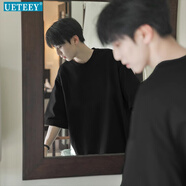 UETEEY美式正肩重磅t恤男生夏裝短袖男七分袖夏季t恤男上衣 黑色 高克重簡(jiǎn)約t恤 S 90-100斤