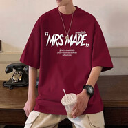 暢登美式復古純棉短袖t恤男夏季新款寬松休閑涂鴉字母情侶款上衣服ins 酒紅色 XL