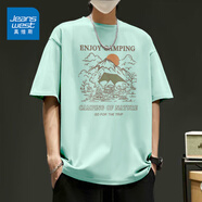 真維斯（JEANSWEST）港風(fēng)短袖t恤男生夏季新款潮牌半袖oversize寬松純棉上衣體恤男款 松石綠 享受露營(yíng) M 【推薦體重100-110斤】