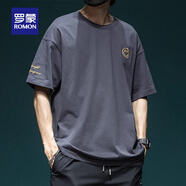 羅蒙（ROMON）純棉短袖男夏季港風(fēng)型男上衣男40支雙紗高品質(zhì)寬松百搭刺繡t恤男T 091深灰T恤 XL 碼 適合145-160斤
