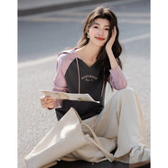 德瑪納【鹽系少年感】春季小V連帽領(lǐng)180G棉氨字母印花撞色女式t恤