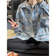 吳權(quán)灣胖子大碼外套男士春秋季潮牌夾克大學(xué)生休閑港風(fēng)長袖褂子寬松上衣 A007-C2170藍(lán)格 2XL 穿145-160斤