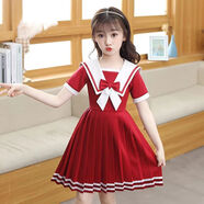 蕉京朗誦服裝兒童背帶褲演出服小學(xué)生大合唱團紅色禮服男女六一主持服 酒紅色裙短袖壓褶 140