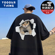 YOOOURTHING重磅純棉短袖T恤男潮牌美式五分袖上衣夏季寬松百搭圓領(lǐng)體恤衫 T2237-黑色 S (建議80-90斤)