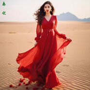 芭瑾圖2025新款度假三亞青海湖沙灘裙超仙海邊度假連衣裙紅色沙漠長(cháng)裙 大紅色 M