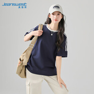 真維斯（JEANSWEST）條杠短袖T恤女春夏新款二條杠插肩美式純棉寬松撞色T恤女