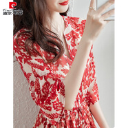 皮爾卡丹（pierre cardin）歐洲站2025夏季新款休閑印花系帶收腰顯瘦氣質(zhì)V領(lǐng)雪紡紅色連衣裙 大紅 L 【100-115斤】