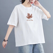 品牌折扣出口專柜日系2024新款白色純棉寬松上衣女印花T體恤 白色【樹葉印花】 L 【建議115-130斤】