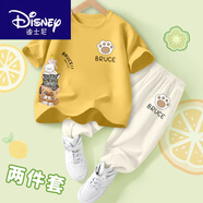 迪士尼（Disney）兒童2025短袖純棉T恤新款冰絲防蚊褲夏季男女孩夏裝上 四只貓和爪-黃色+BRUCE爪-卡其色 120 cm 建議身高 110-120cm