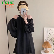 FSHE夏季燈籠袖掛脖露肩掛脖連衣裙女寬松仙女可愛氣質(zhì)穿搭海邊A字裙 黑色 【版】 M