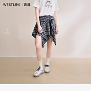 西遇格紋半身裙女2025年春季新款不規(guī)則綁帶設(shè)計(jì)感高腰短裙 藍(lán)色 27