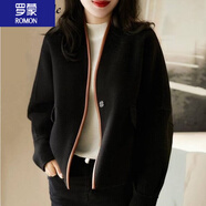羅蒙（ROMON）短外套女裝秋冬季新款韓版百搭撞色皮邊時尚寬松長袖短款黑色大衣 黑色 2XL