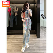 賞峰牛仔褲子女時(shí)尚休閑運(yùn)動(dòng)套裝女夏網(wǎng)紅炸街短款t恤高腰破洞牛仔褲 上衣 2XL