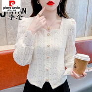 皮爾卡丹（pierre cardin）秋冬裝保暖蕾絲打底衫小香風(fēng)針織衫女設計感洋氣質(zhì)減齡百搭短上衣 杏色 雙層內里不透 薄款 建議110-125斤 L