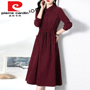 皮爾卡丹（pierre cardin）長(cháng)袖襯衫連衣裙女2024春秋新款氣質(zhì)收腰顯瘦有女人味的中長(cháng)款裙子 酒紅 XL 建議120-130斤