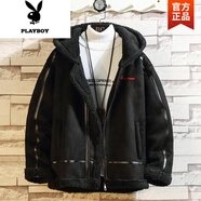 花花公子（PLAYBOY）冬季羊羔絨夾克外套男加肥加大碼帥氣皮毛一體男裝胖子加厚加絨棉 黑色 5XL 180-200斤
