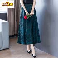 初徑百褶半身裙女夏季中年媽媽垂墜感百搭提花中長(cháng)a字半裙 藍色 4XL