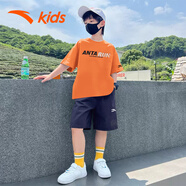 安踏男童運(yùn)動套裝夏裝冰絲速干短袖短褲兩件套T恤五分褲兒童衣服 橘T藍(lán)褲8111J 160