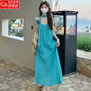 OIMG沙灘裙女海邊度假長裙旅游拍照夏季氣質(zhì)寬松顯瘦A字裙吊帶連衣裙 湖藍色 M （85-100斤）