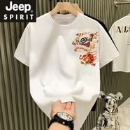 JEEP SPIRIT醒獅刺繡短袖t恤男夏季純棉重磅正肩體恤衫寬松潮流中國(guó)風(fēng)上衣服 白色 四季紅A260 M 【建議90-105斤】