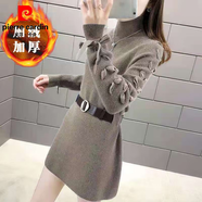 皮爾卡丹（pierre cardin）毛衣女中長(cháng)款寬松長(cháng)袖針織連衣裙女士外穿加絨打底衫潮2026秋冬款 駝色 【加絨】 L 105-115