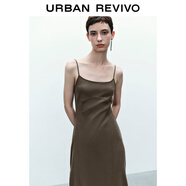 UR秋季新款女簡約氣質(zhì)褶皺修身吊帶開衩連衣裙UYY740001 深咖棕 M