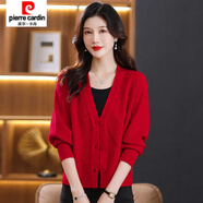 皮爾卡丹（pierre cardin）春秋新款針織衫寬松蝙蝠袖開衫女外套短款毛衣V領(lǐng)配裙子洋氣外搭 大紅 M