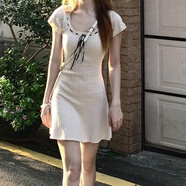爾山集連衣裙女2025新款短裙短袖針織裙顯瘦收腰小個(gè)子純欲方領(lǐng)裙子 針織連衣裙杏色均碼（80-110）