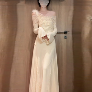 天啟世紀法式白色蕾絲針織一字肩連衣裙女秋冬氣質(zhì)名媛高級感魚(yú)尾禮服長(cháng)裙 圖片色長(cháng)裙 M