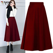 啄木鳥(niǎo)松緊腰半身裙女2025秋冬高腰大d碼胖m妹中長(cháng)款大擺裙毛呢A字裙冬 酒紅色 建議120-135斤 XL