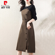 皮爾卡丹（pierre cardin）假兩件連衣裙子女士裝春秋季2025年新款撞色拼接收腰小個(gè)子連衣裙 黑色配咖色 S 95斤以下