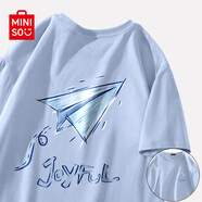 名創(chuàng)優(yōu)品（MINISO）牛油果綠短袖t恤男夏季純棉上衣高級(jí)感衣服油畫山茶花印花半袖女 【100%純棉】冰川藍(lán)(折紙飛機(jī)胸標(biāo)_背標(biāo)) S 165 (男女同款)