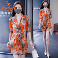 金狐貍碎花連衣裙套裝女夏季2025新款收腰顯瘦時(shí)尚西裝短褲裙子兩件套 橘色 XL 【110-120斤】